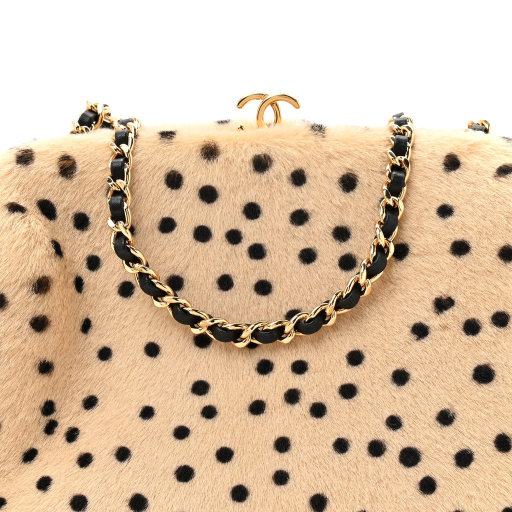 Pony Hair Cheetah Printed Lambskin Clutch With Chain Beige Black