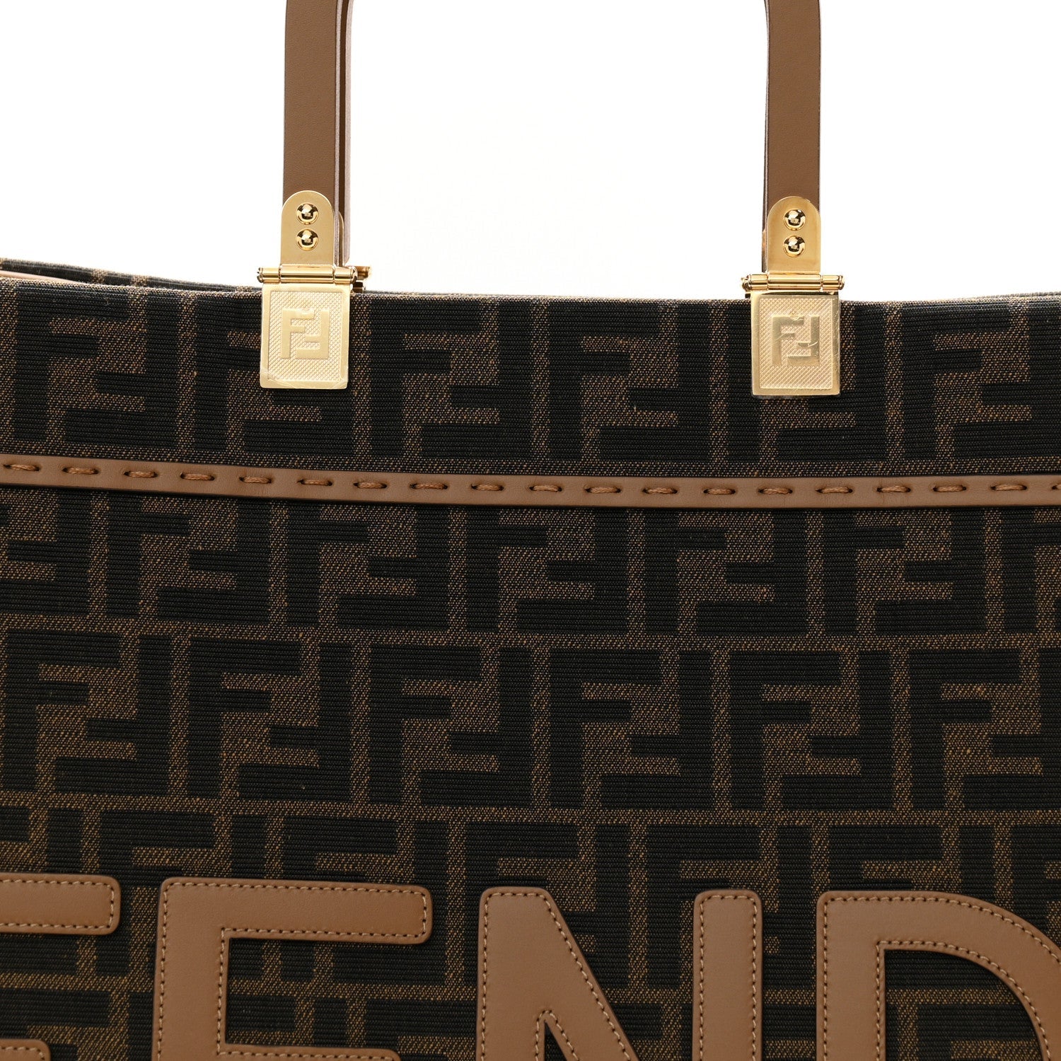 Fabric Jacquard FF 1974 Logo Large Fendi Sunshine Shopper Tote Tobacco Moro Sand
