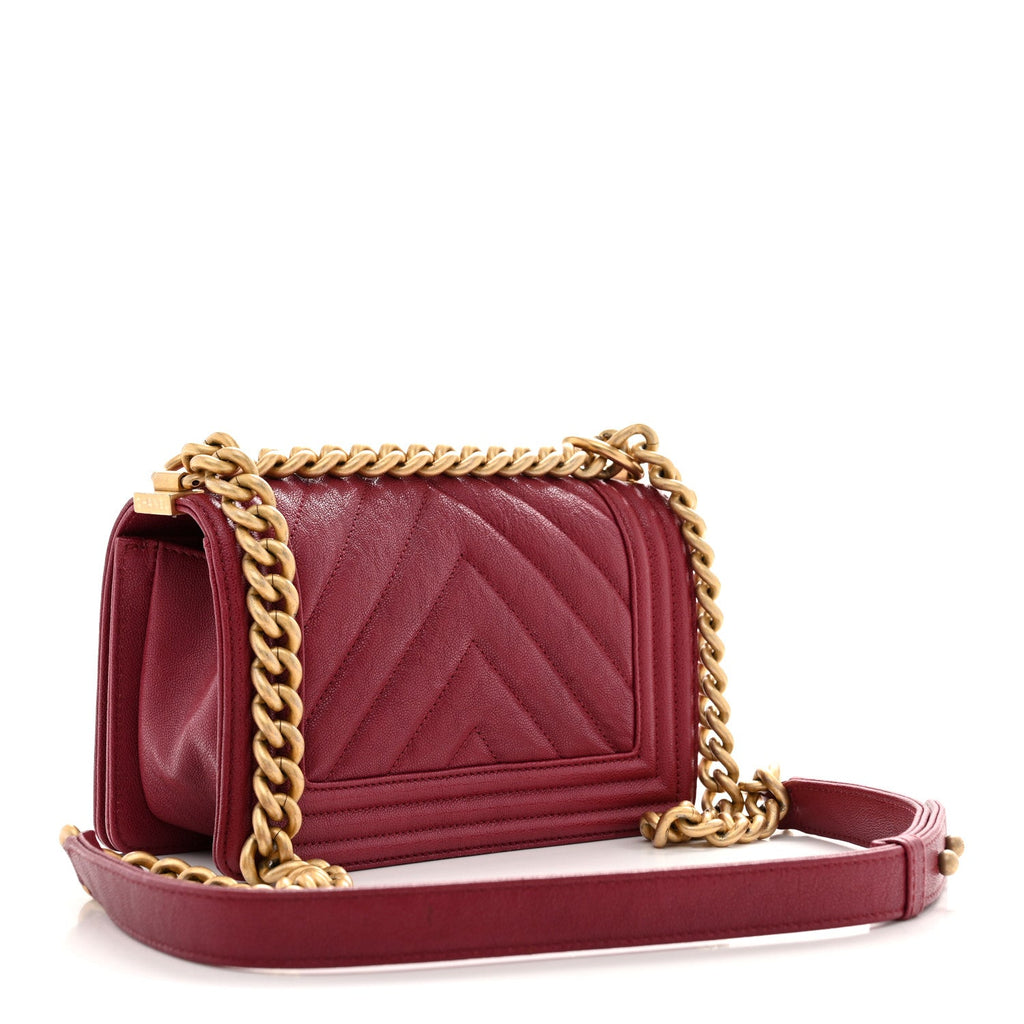 Caviar Chevron Quilted Small Boy Flap Dark Pink
