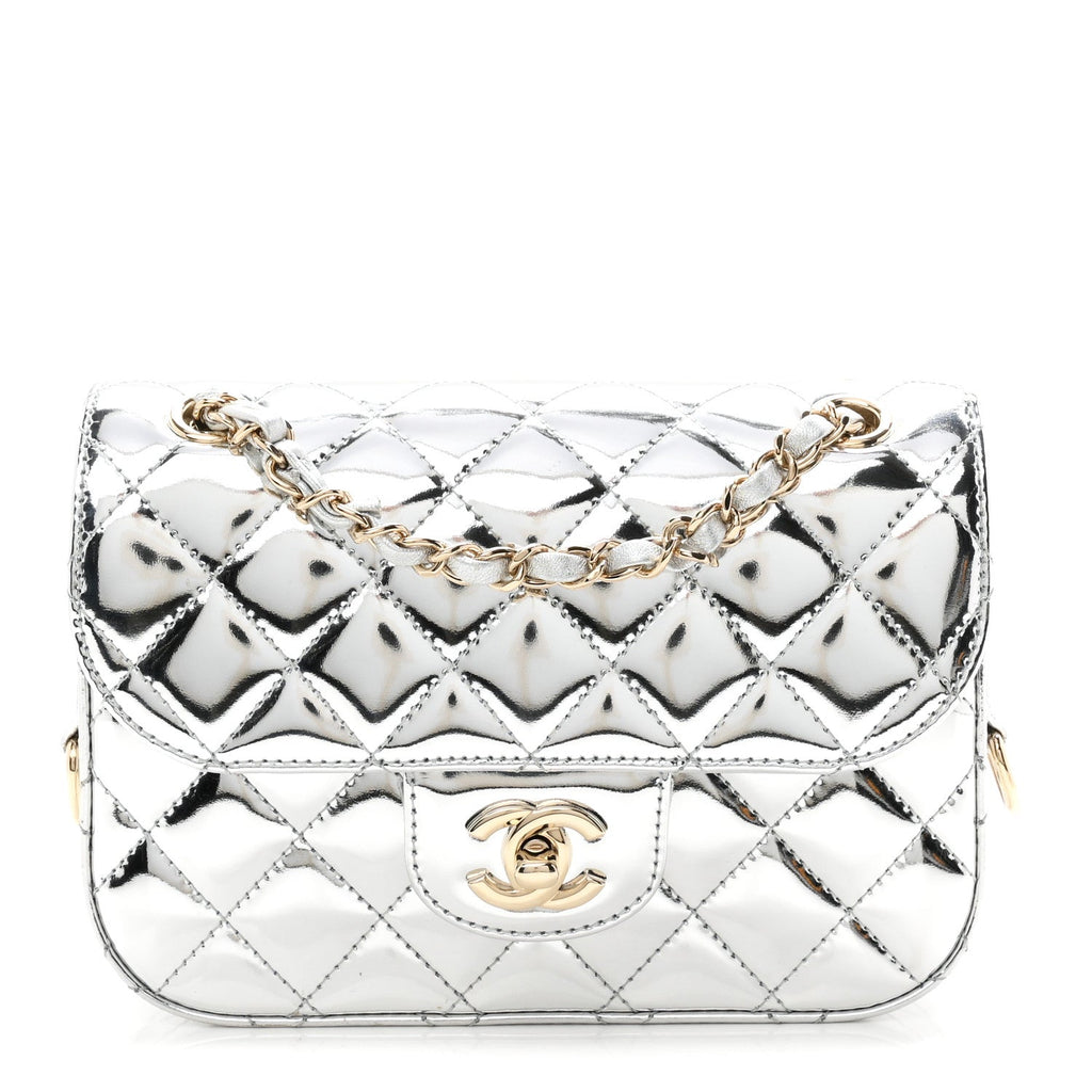 Mirror Calfskin Metallic Calfskin Quilted Hollywood Boulevard Mini Flap With Star Coin Purse Silver