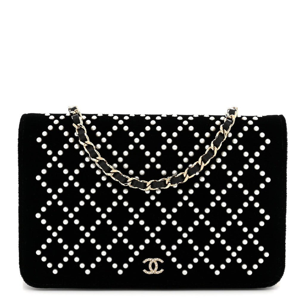 Velvet Pearl Diamond Embellished Wallet On Chain WOC Black