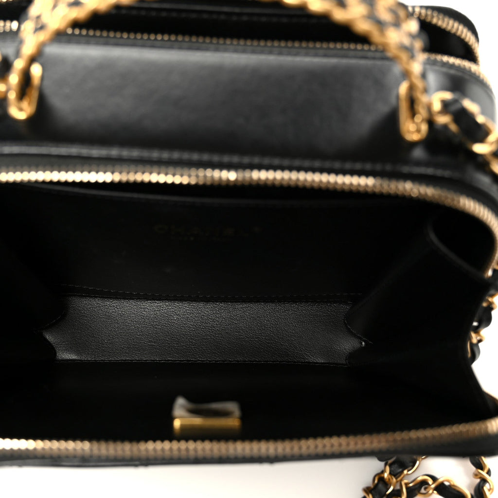 Shiny Calfskin Quilted Top Handle Vanity Black
