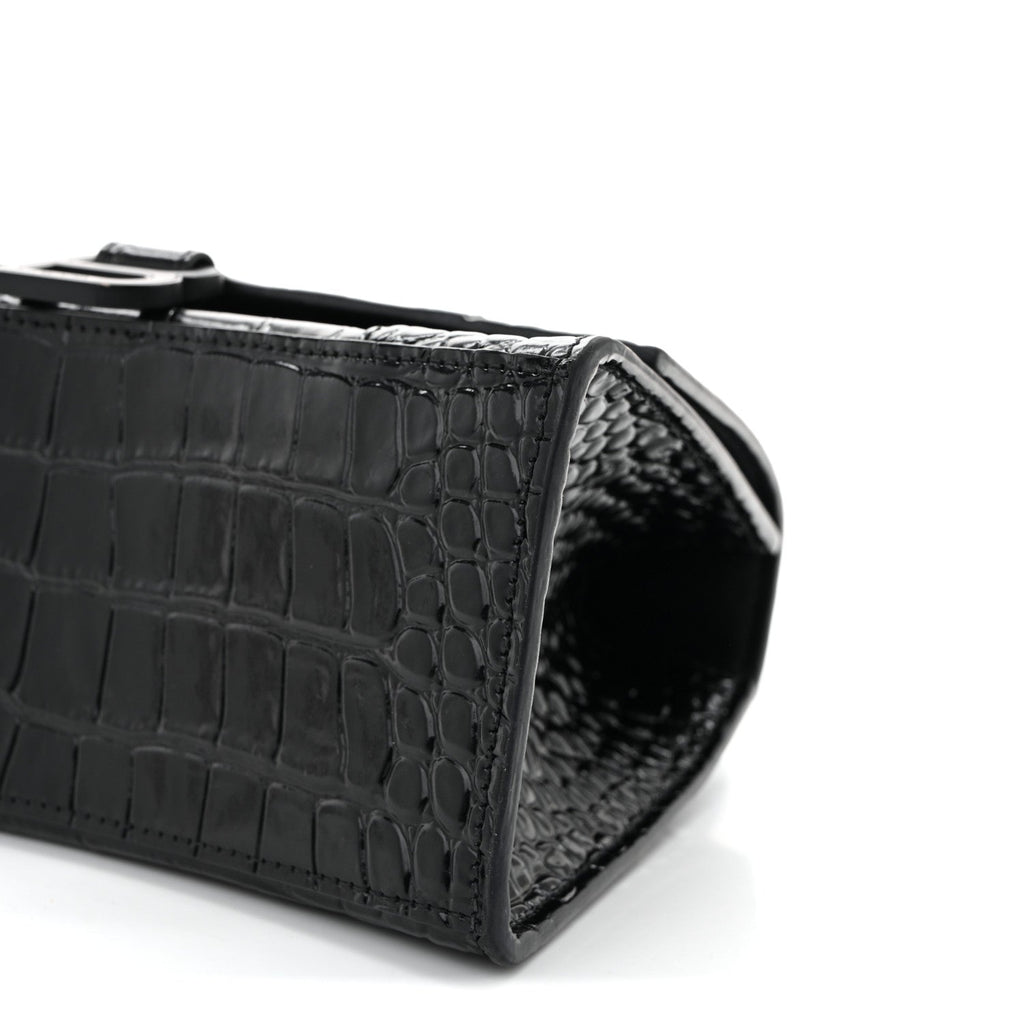 Shiny Calfskin Monochrome Crocodile Embossed Small Hourglass Top Handle Bag Black