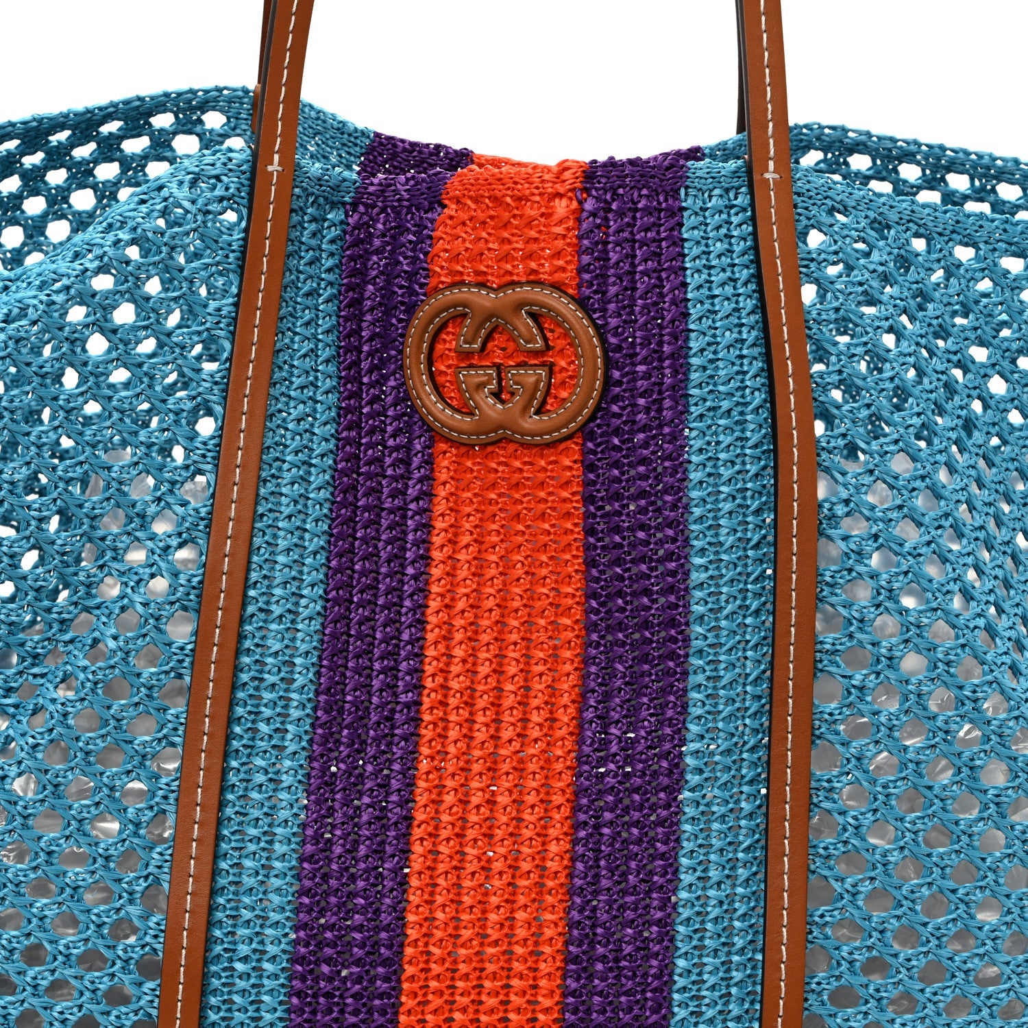 Raffia Web Woven Interlocking G Tote Blue Multicolor
