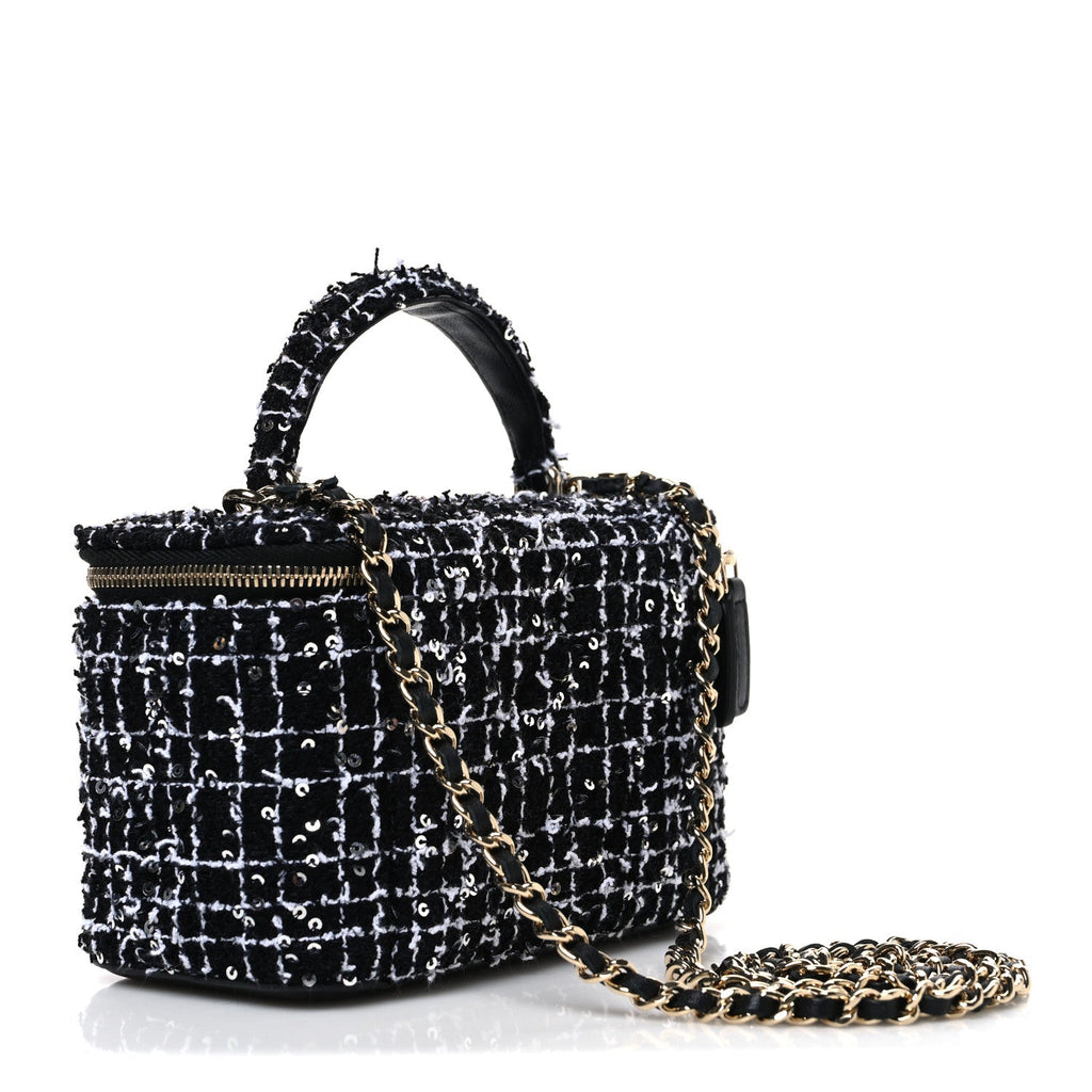 Tweed Sequin Small Top Handle Vanity Case With Chain Black White