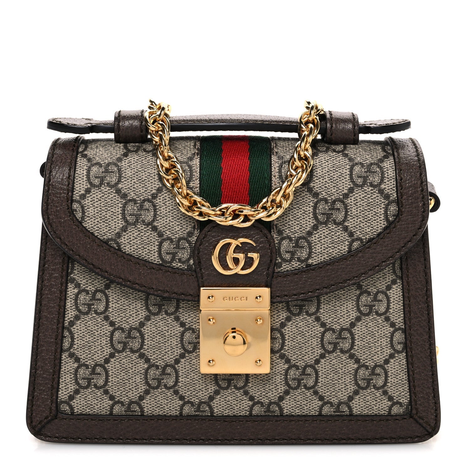 GG Supreme Monogram Textured Dollar Calfskin Web Mini Ophidia Padlock Top Handle Chain Shoulder Bag Beige Ebony New Acero