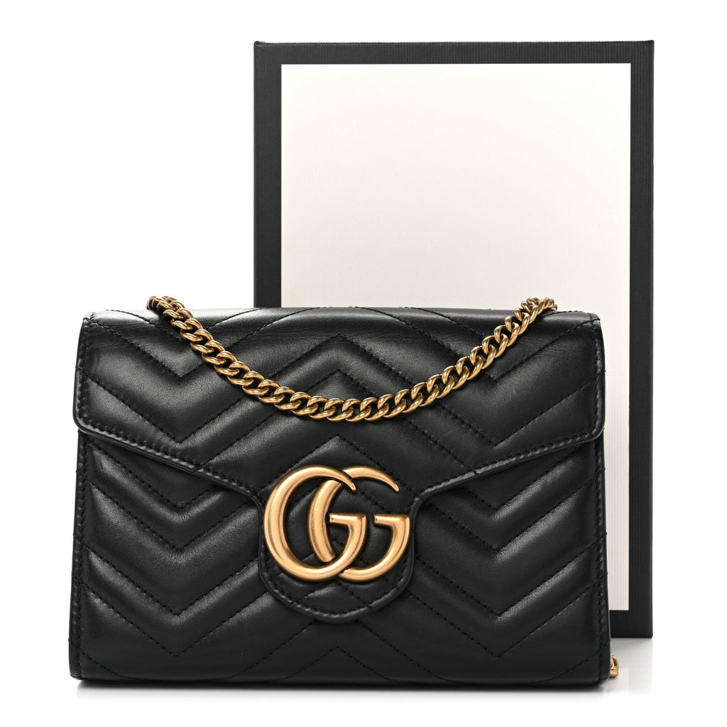 Calfskin Matelasse GG Marmont Chain Wallet Black Black