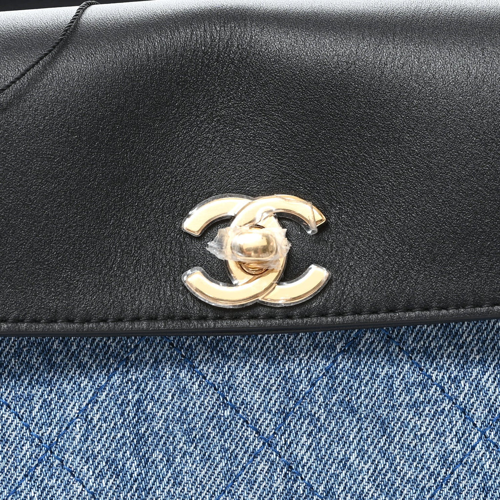 Calfskin Denim Stitched Urban Essentials Small Shopping Bag Blue Black