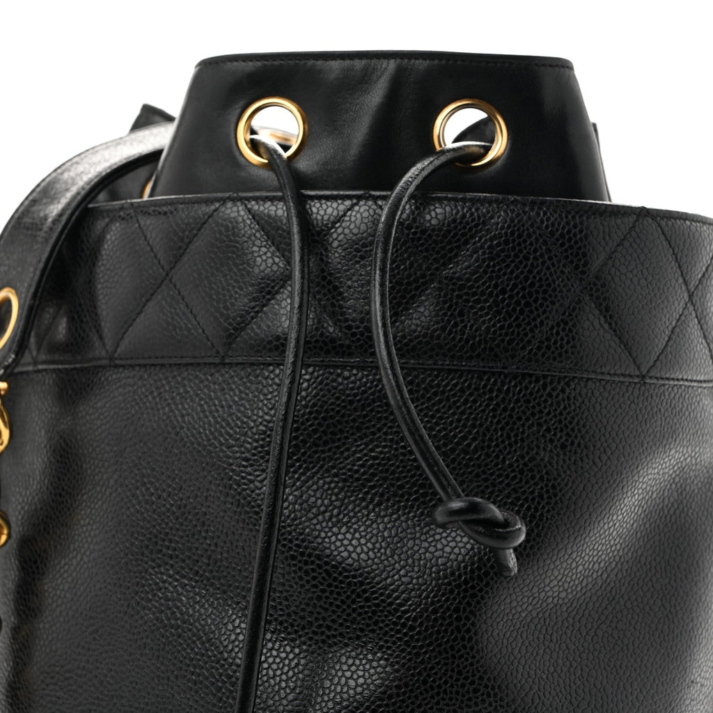 Caviar Drawstring Bucket Shoulder Bag Black