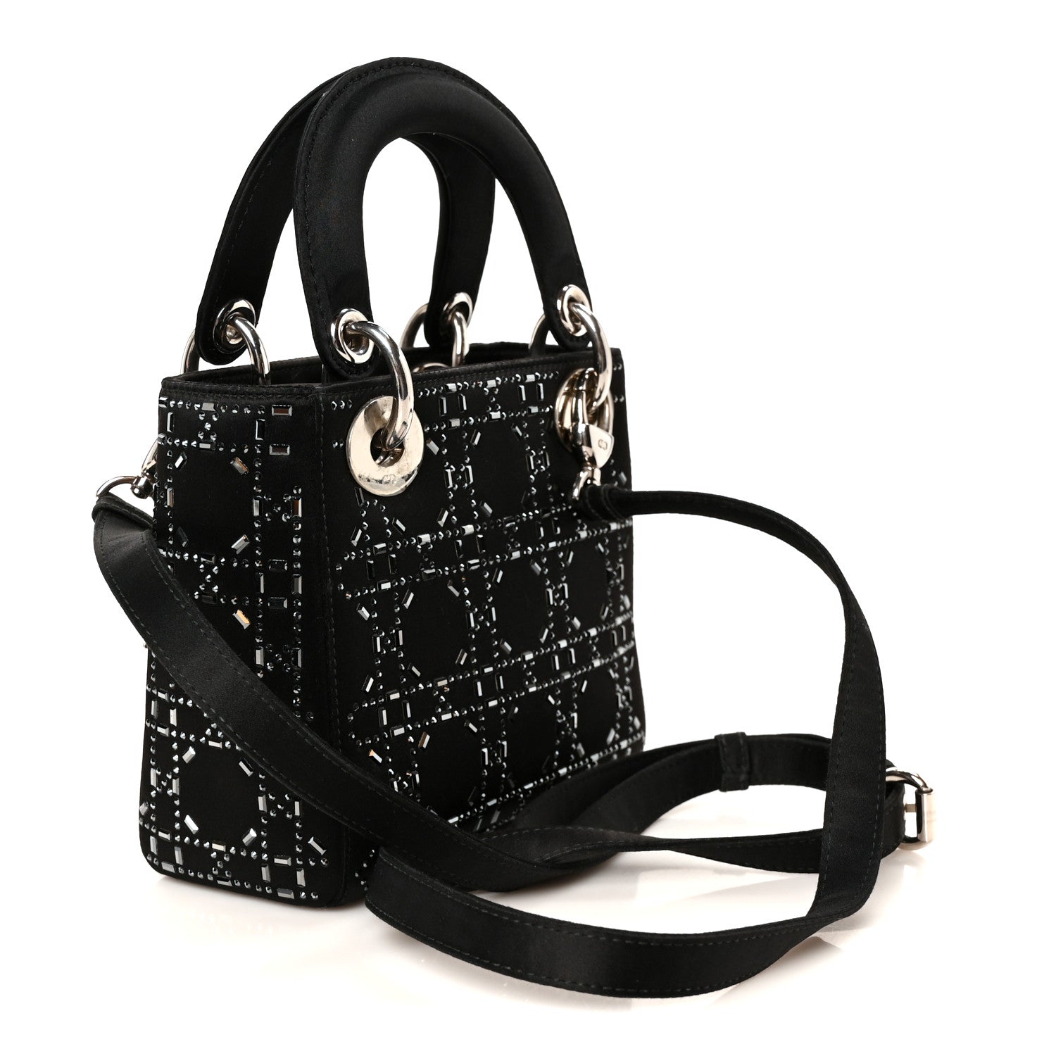 Satin Crystal Cannage Mini Lady Dior Black