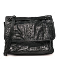Crocodile Embossed Lambskin Monogram Medium Niki Chain Satchel Black