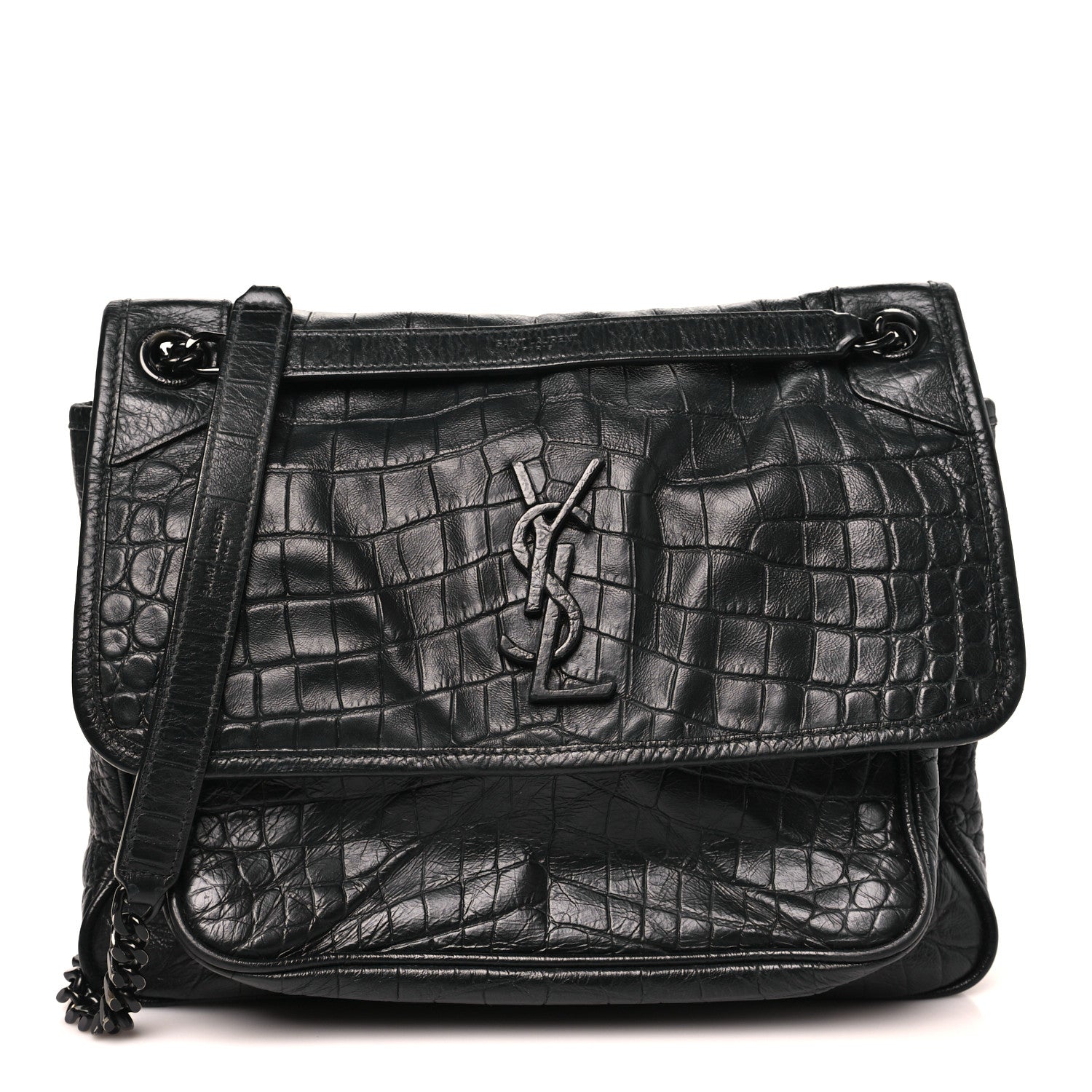 Crocodile Embossed Lambskin Monogram Medium Niki Chain Satchel Black