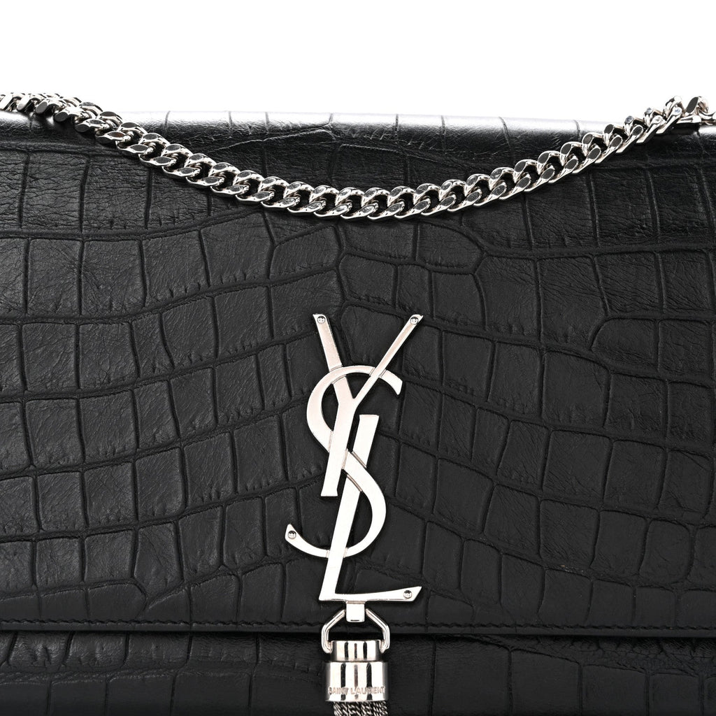 Calfskin Crocodile Embossed Medium Classic Monogram Kate Tassel Satchel Black