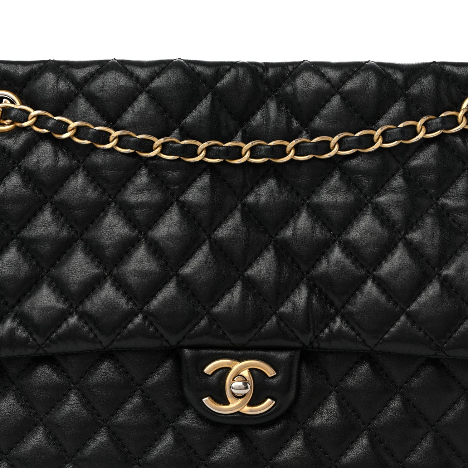 Lambskin Quilted Large Fluffy CC Shopping Tote Black