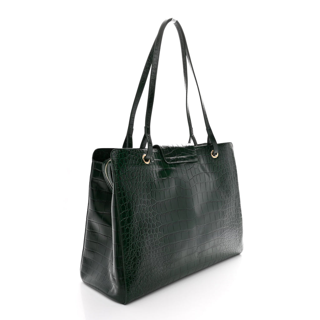 Calfskin Crocodile Embossed Large Shopping Bag Dark Green