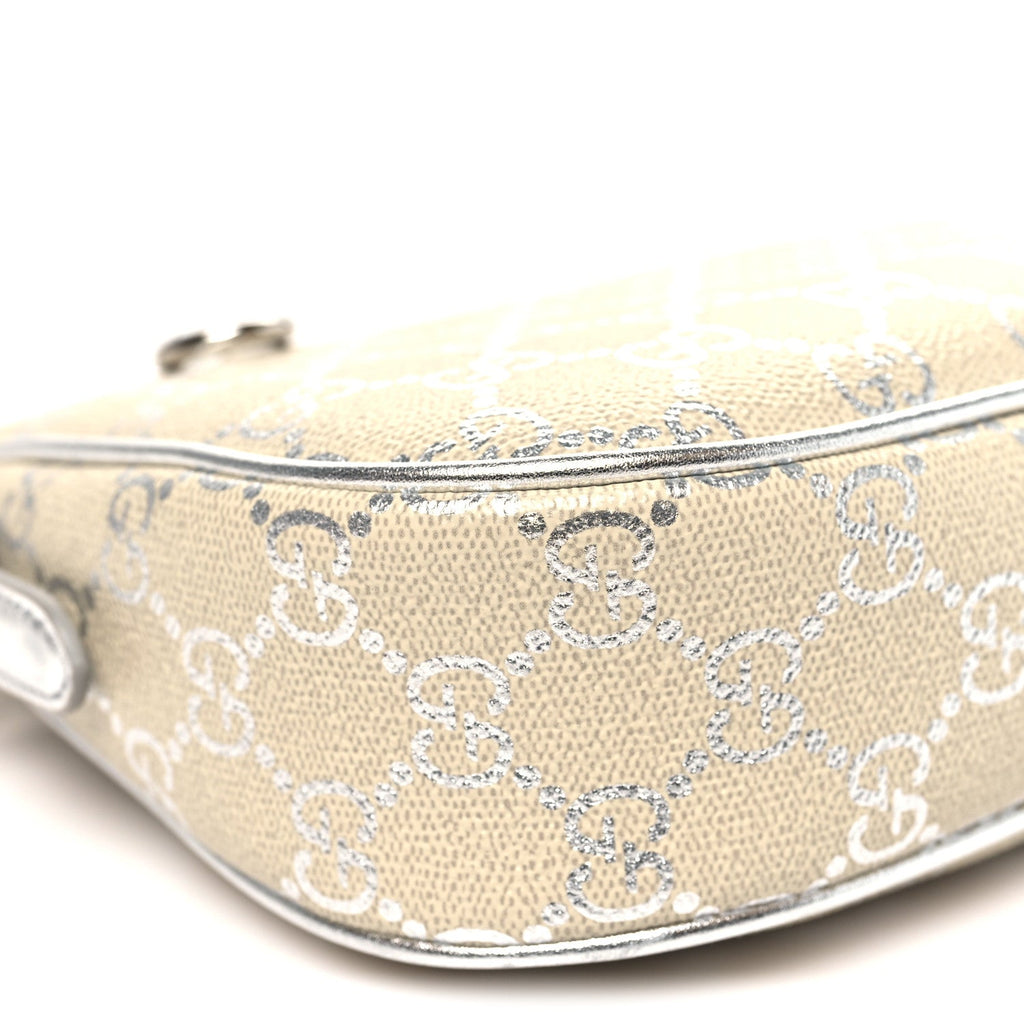 GG Supreme Monogram Metallic Calfskin Small Emblem Shoulder Bag Beige Silver