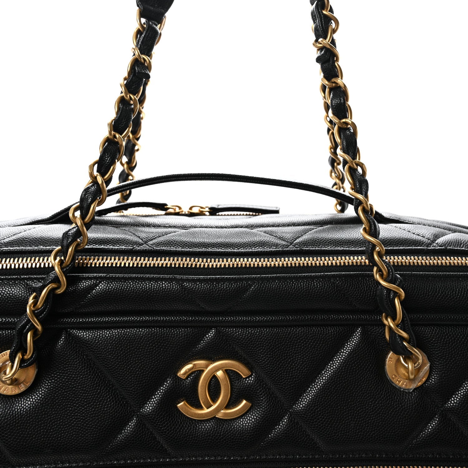 Shiny Grained Calfskin Quilted Large Travel Bowling Bag Black
