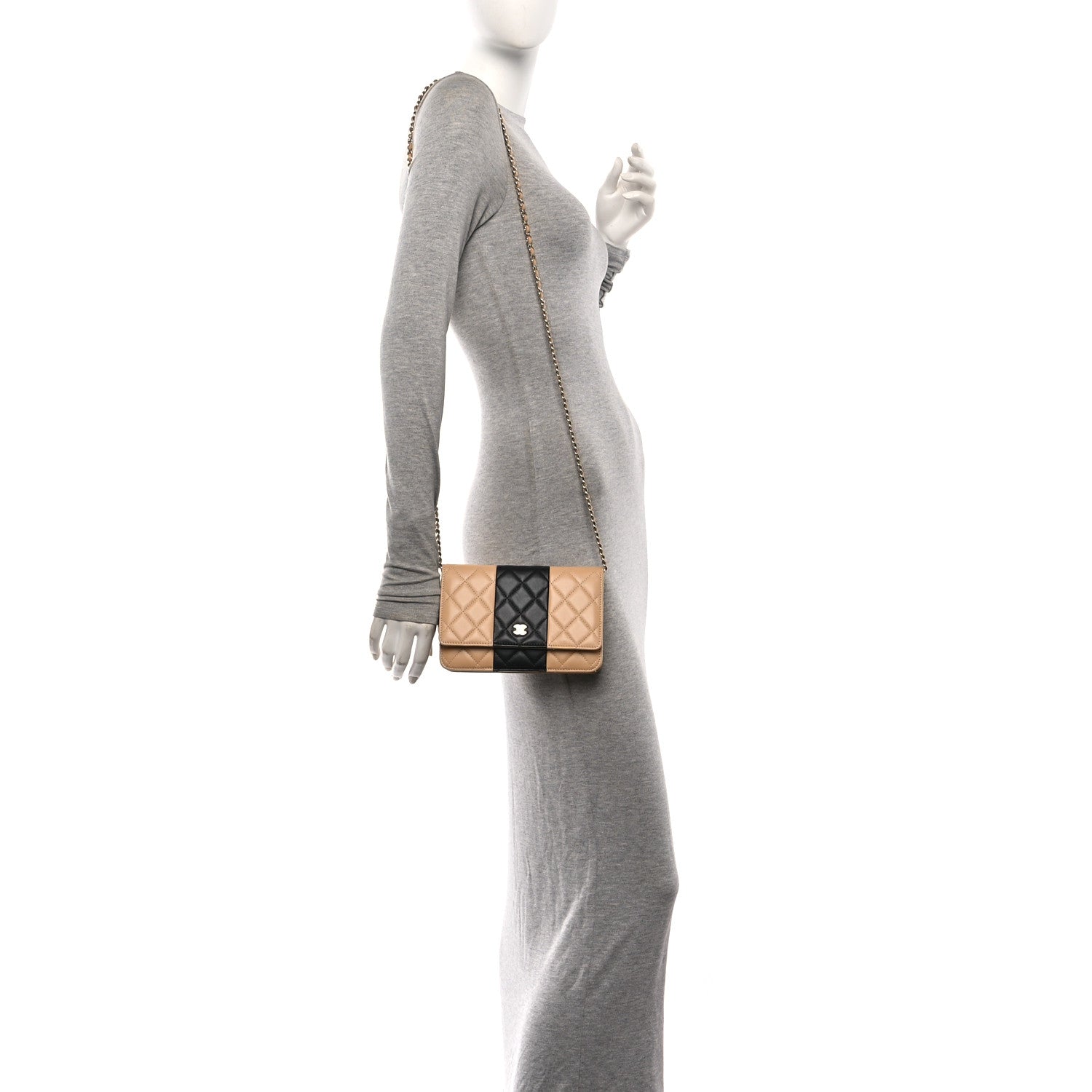 Lambskin Quilted Wallet On Chain WOC Beige Black