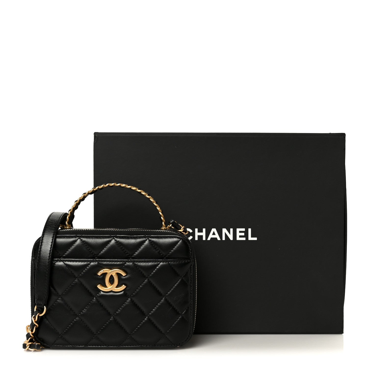 Shiny Calfskin Quilted Top Handle Vanity Black