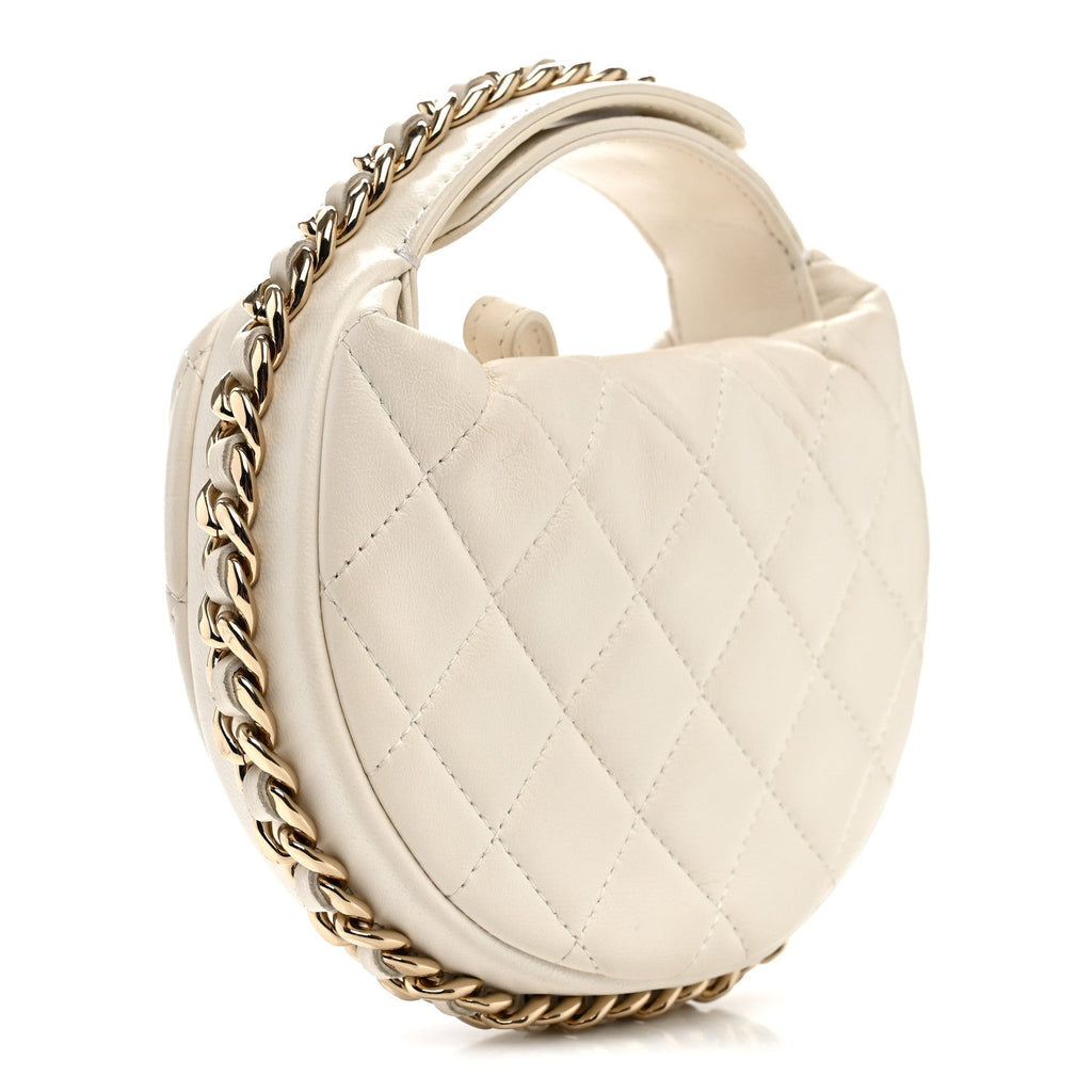Lambskin Quilted Chain Around Pouch Hobo White
