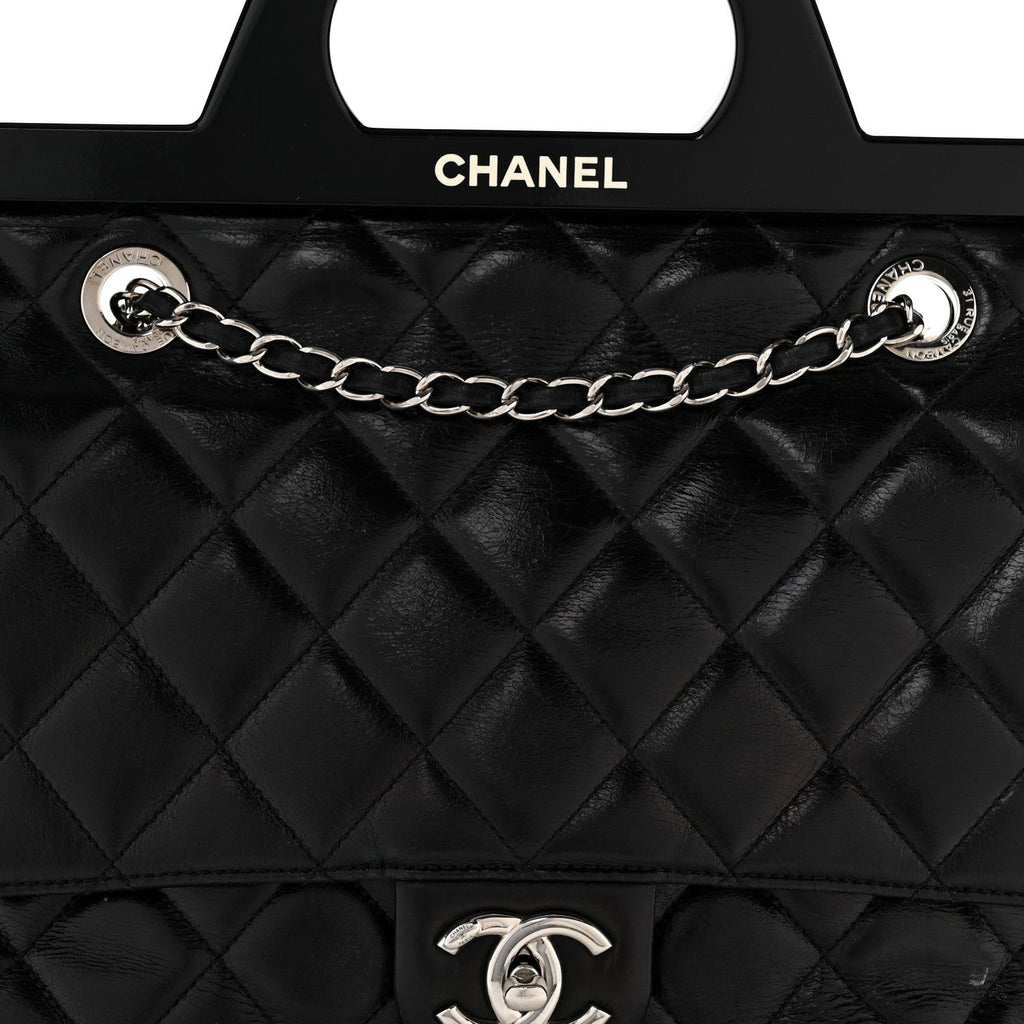 Glazed Calfskin Quilted Small CC Delivery Tote Black