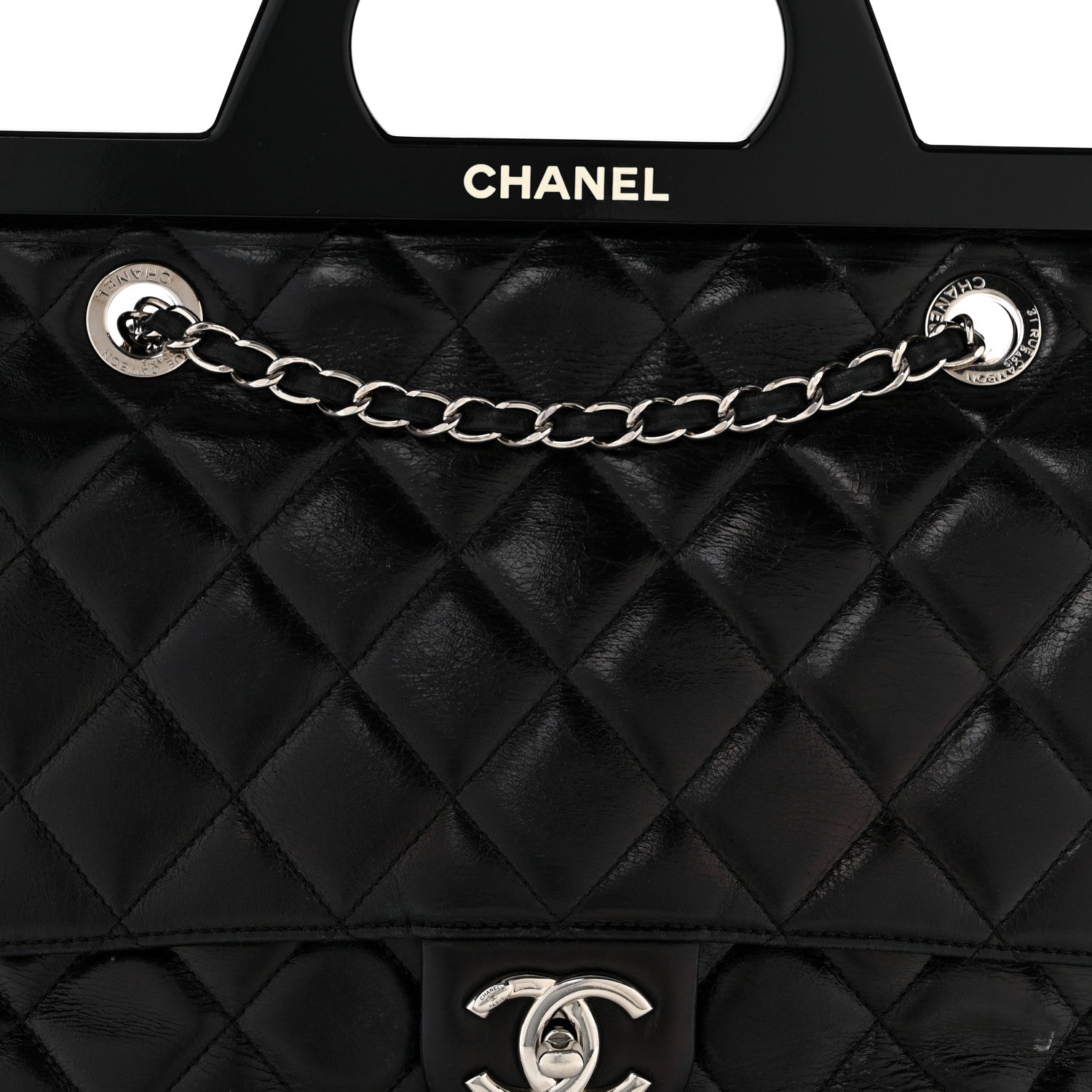 Glazed Calfskin Quilted Small CC Delivery Tote Black