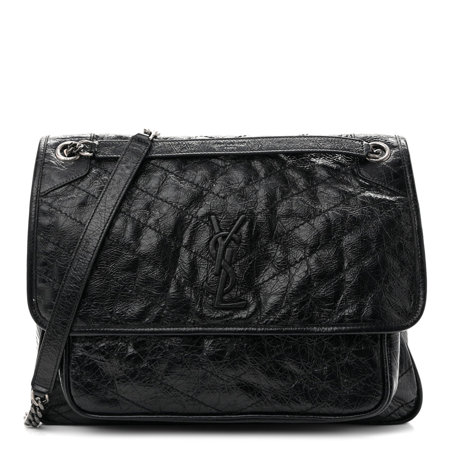 Crinkled Calfskin Matelasse Monogram Large Niki Chain Satchel Black