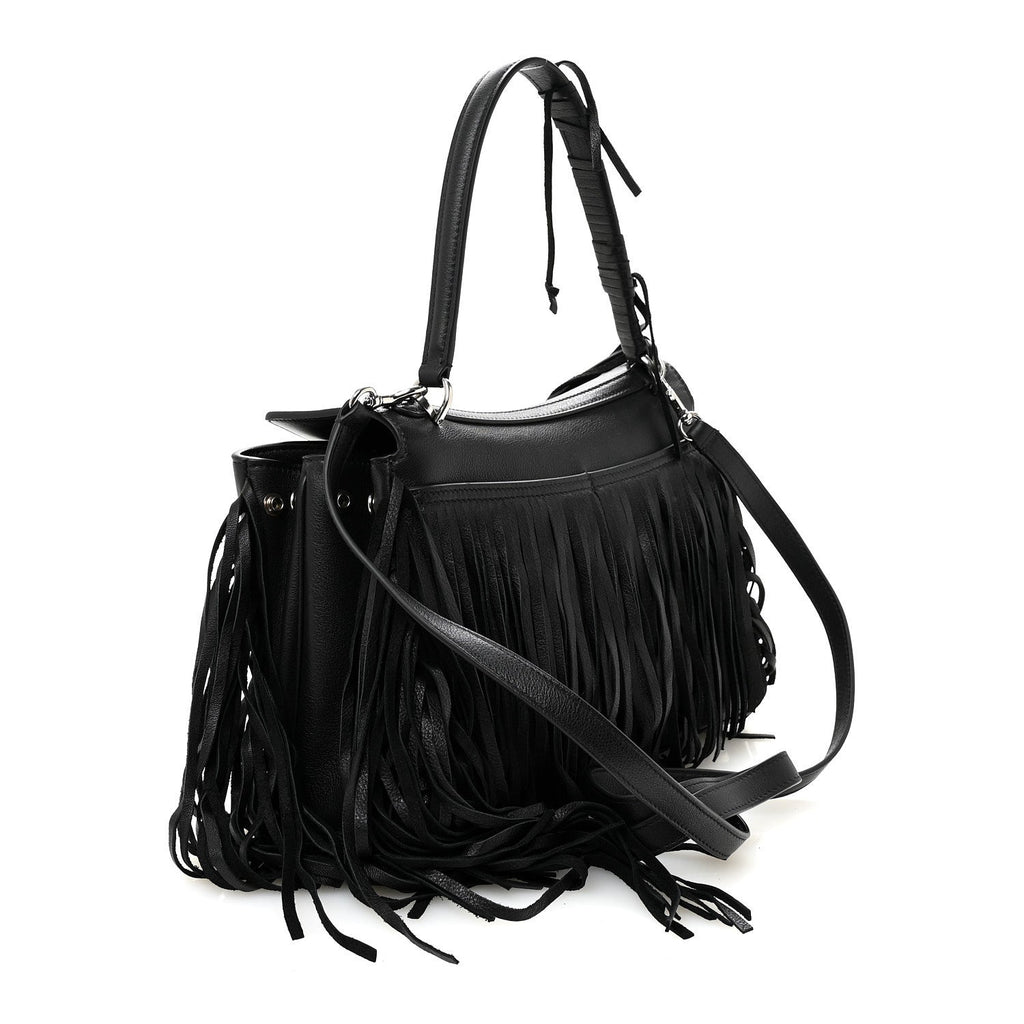 Natural Smooth Madeline Calfskin Fringes Small Rodeo Top Handle Handbag Black
