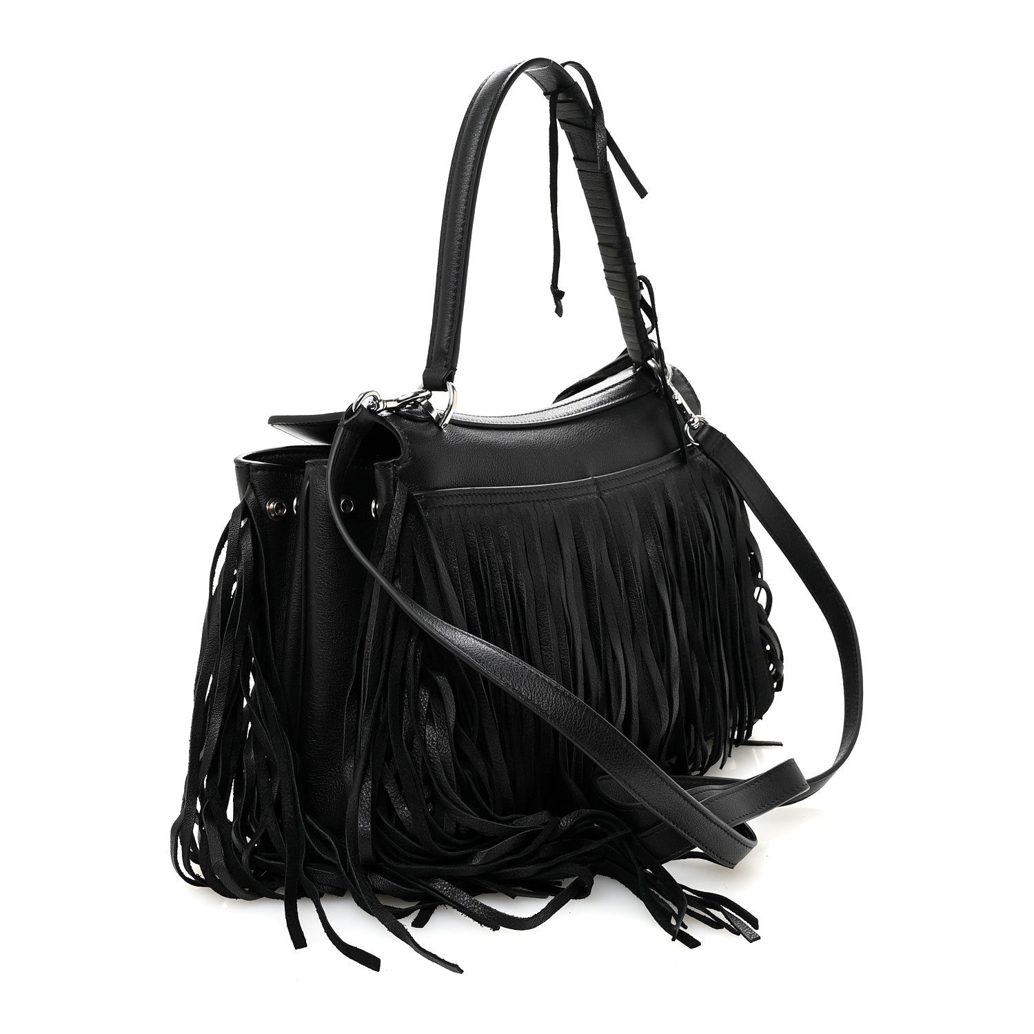 Natural Smooth Madeline Calfskin Fringes Small Rodeo Top Handle Handbag Black