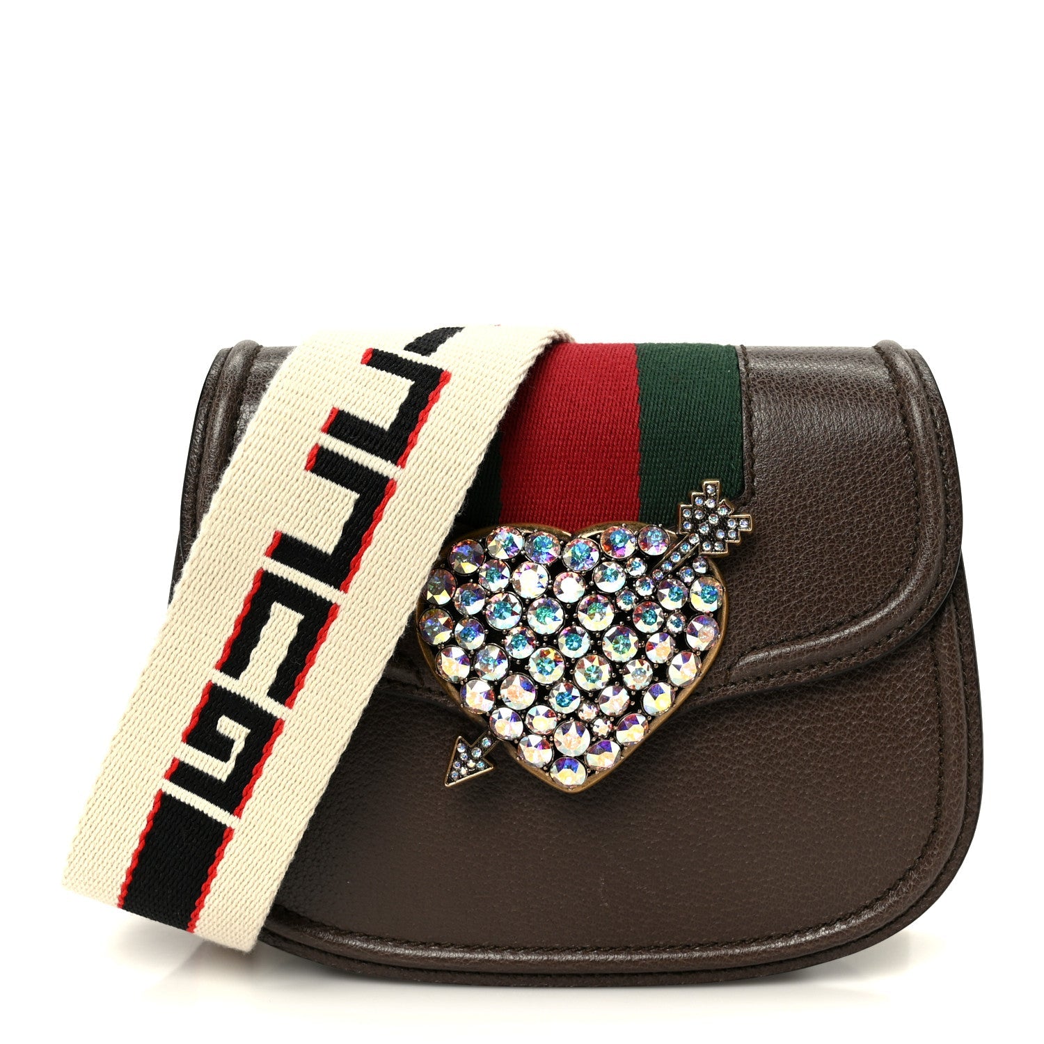 Textured Calfskin Web Crystal Heart Stripe Small Totem Shoulder Bag New Acero
