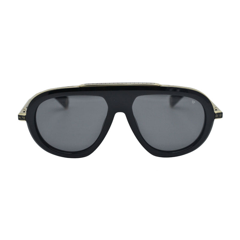 Philipp Plein Sunglasses Aviator Full Rim, Shiny Black/Gold Frame and Grey Lens SPP151M0700