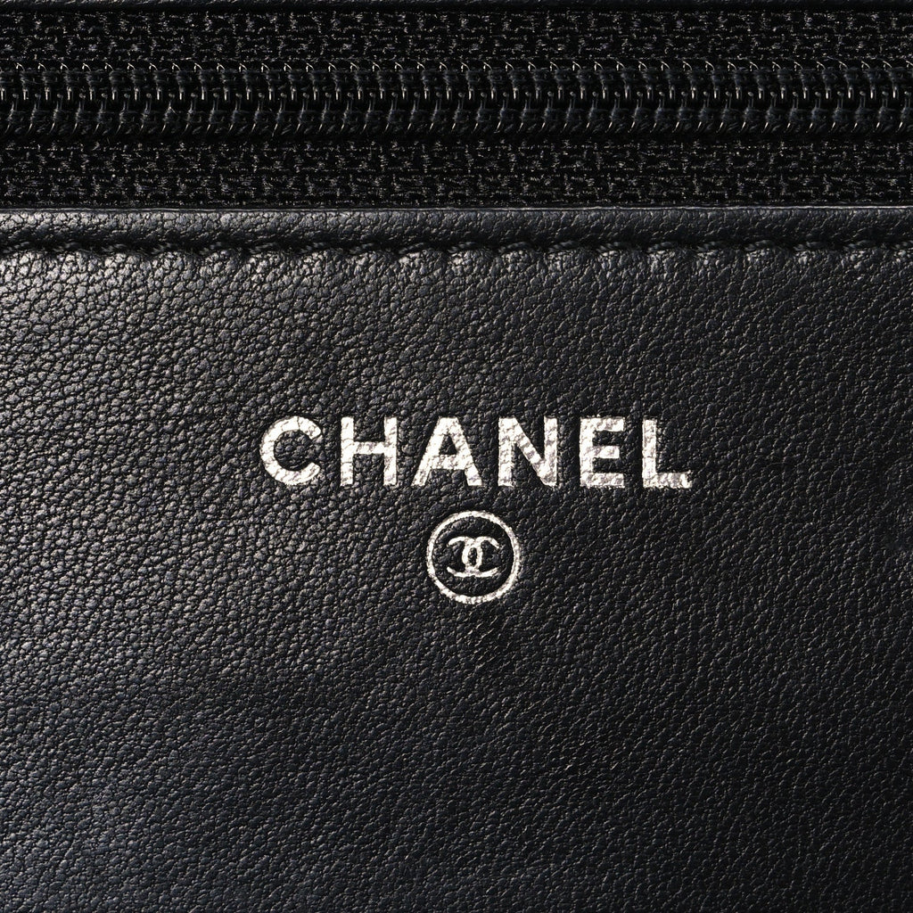 Lambskin Camellia Embossed Wallet on Chain WOC Black