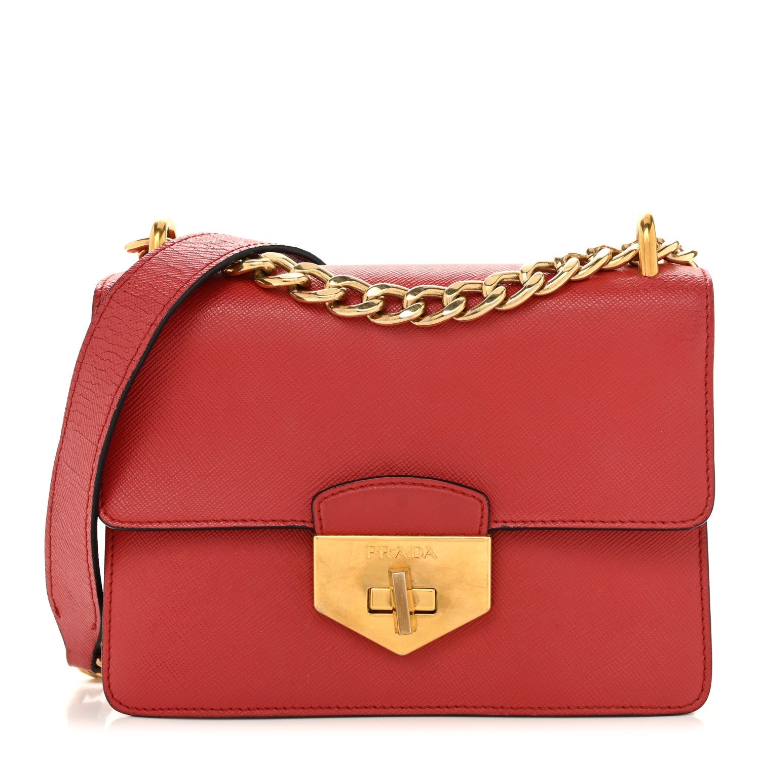 Saffiano Turn Lock Chain Shoulder Bag Fuoco