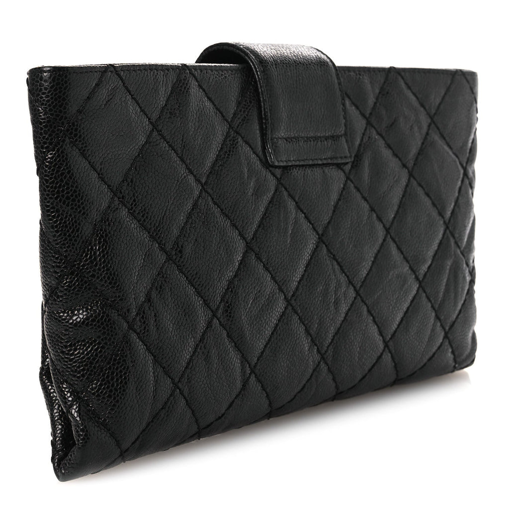 Crumpled Grained Calfskin Quilted Coco Pleats Clutch Black