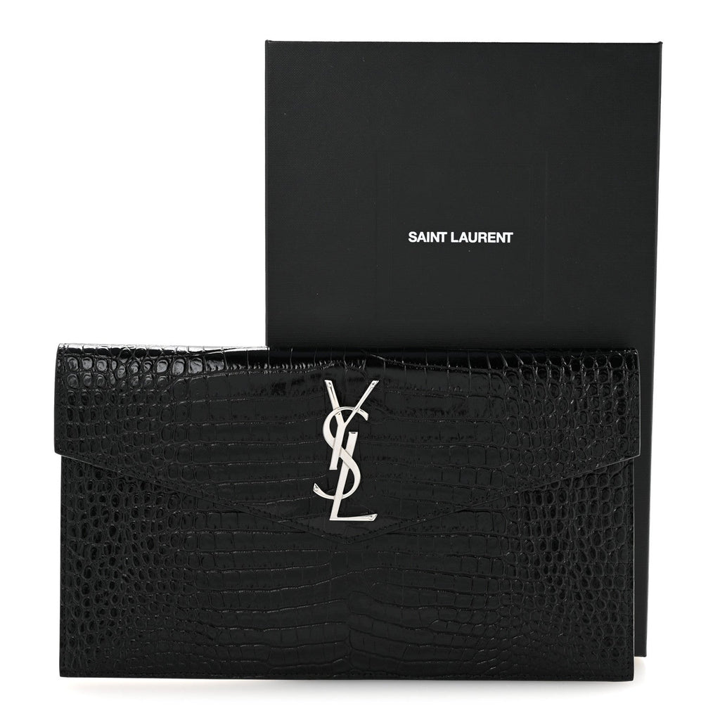Calfskin Crocodile Embossed Uptown Monogram Clutch Black