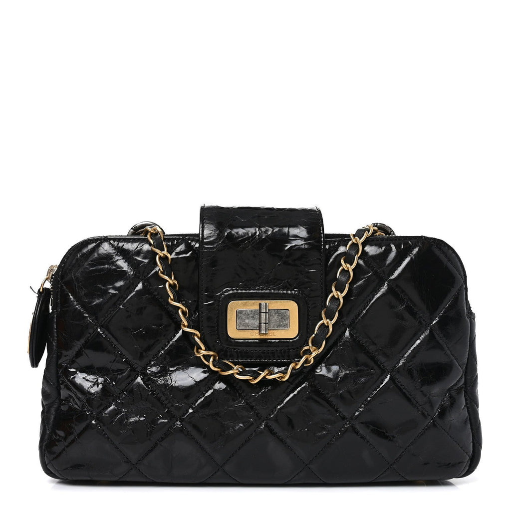 Glazed Crinkled Lambskin Small Reissue Zip Shopping Tote Black