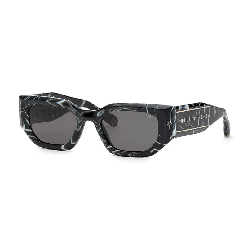 Philipp Plein Sunglasses Geometric Full Rim, Marbled Black Frame and Grey Lens SPP066M0Z21