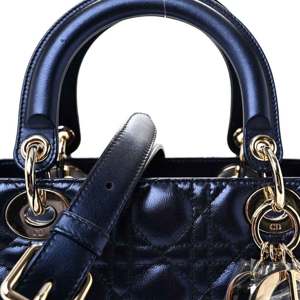 Metallic Calfskin Cannage Medium Lady Dior Blue
