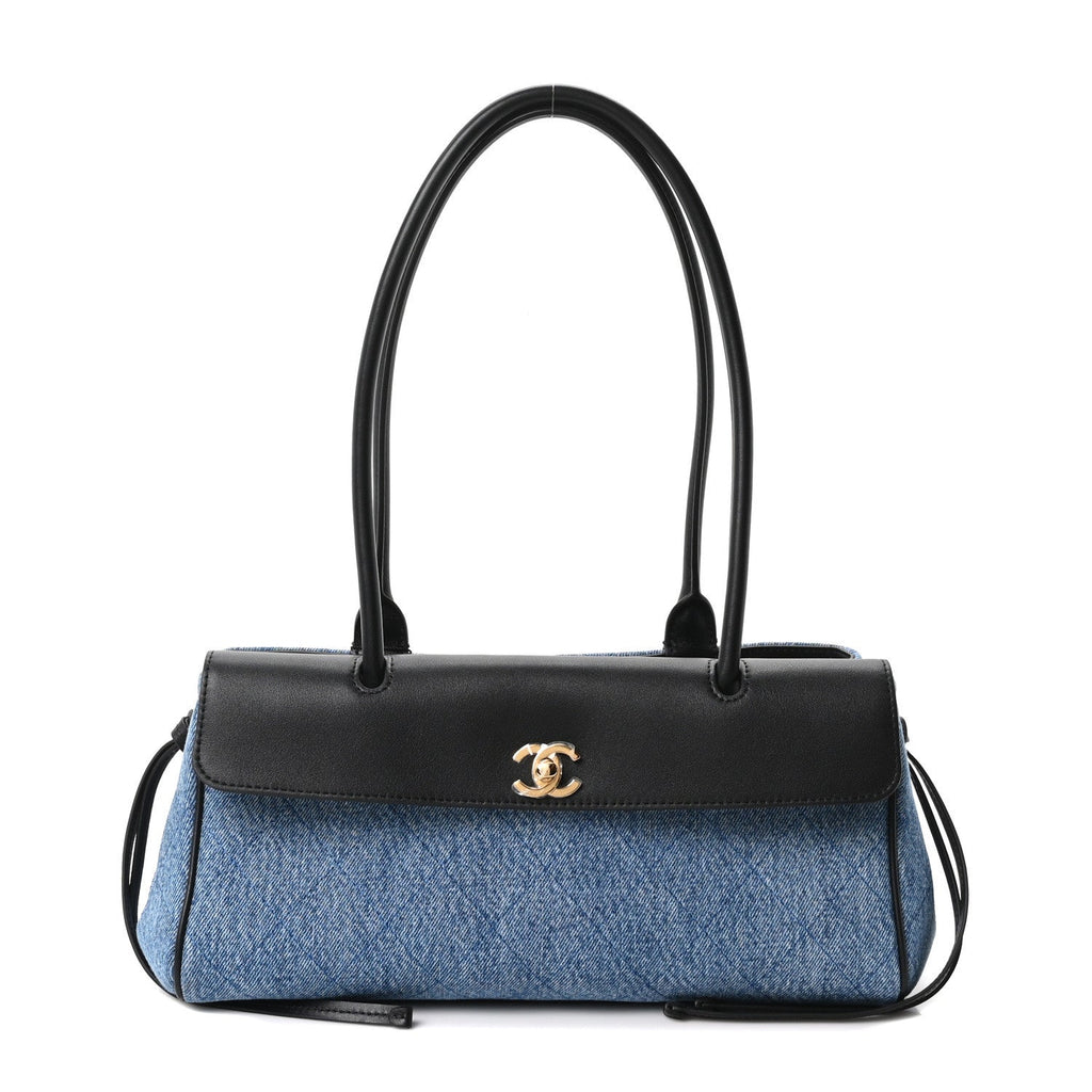 Calfskin Denim Stitched Urban Essentials Small Shopping Bag Blue Black