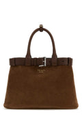 Prada Women Brown Suede Prada Buckle Medium Handbag