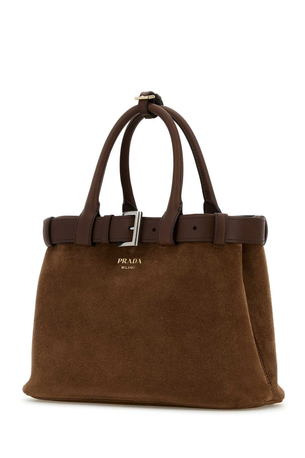 Prada Women Brown Suede Prada Buckle Medium Handbag