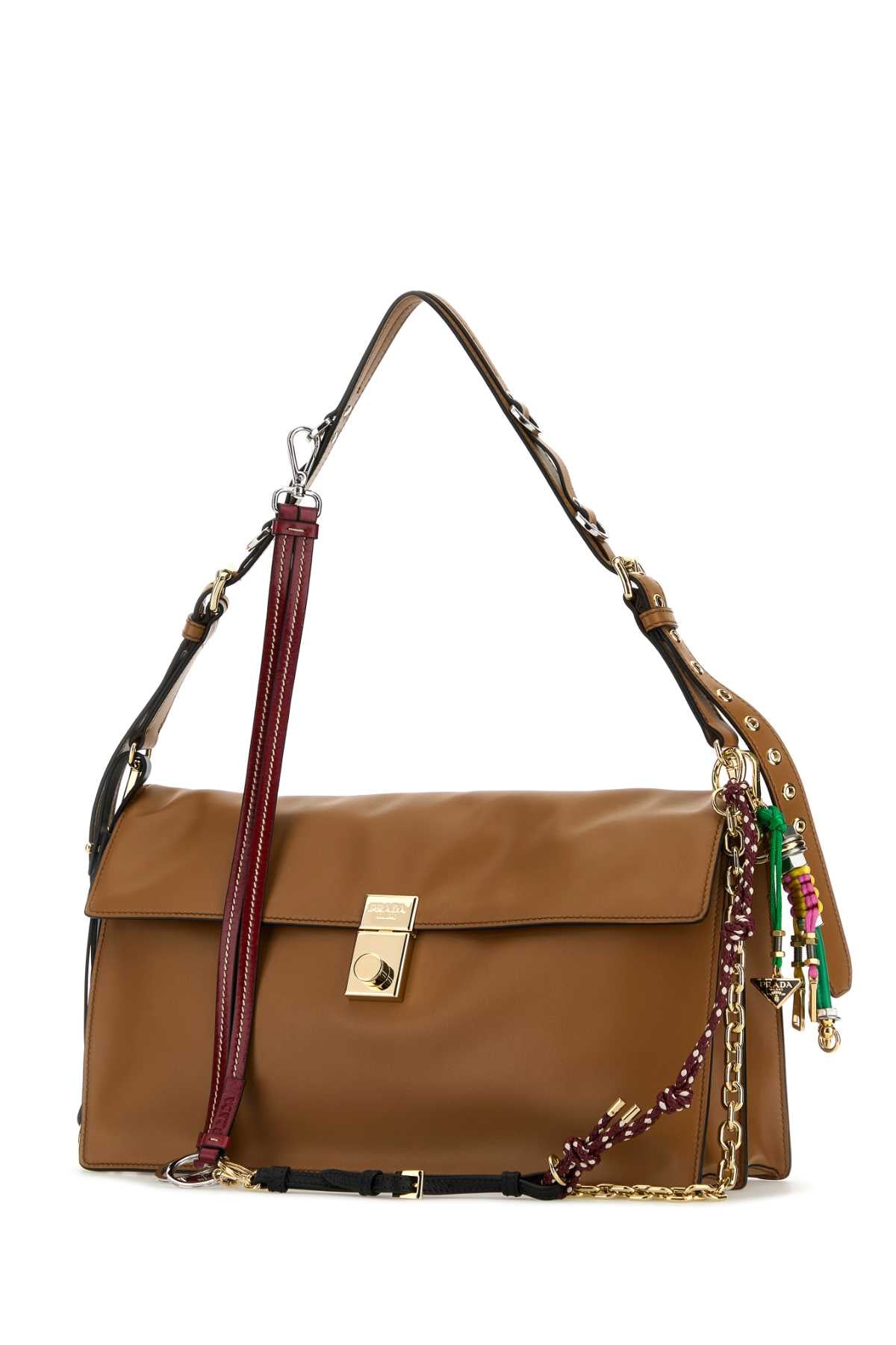 Prada Women Camel Leather Large Prada Soft Sound Shoulder Bag