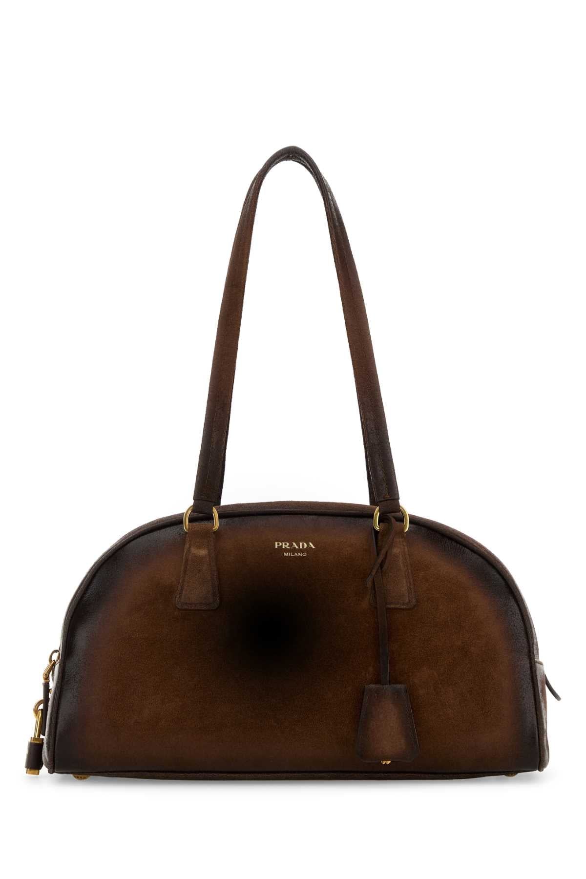 Prada Women Brown Suede Medium Prada Bowling Shoulder Bag