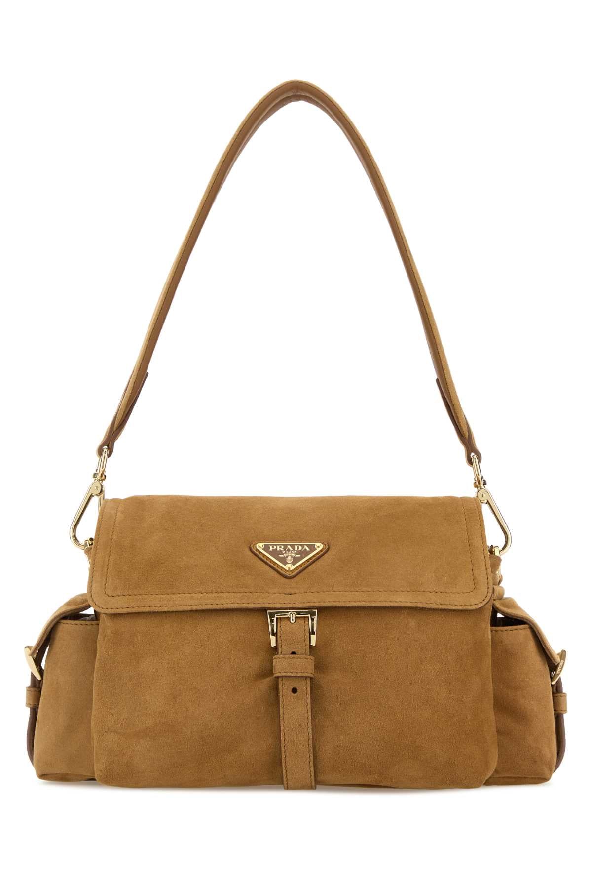 Prada Women Camel Suede Shoulder Bag