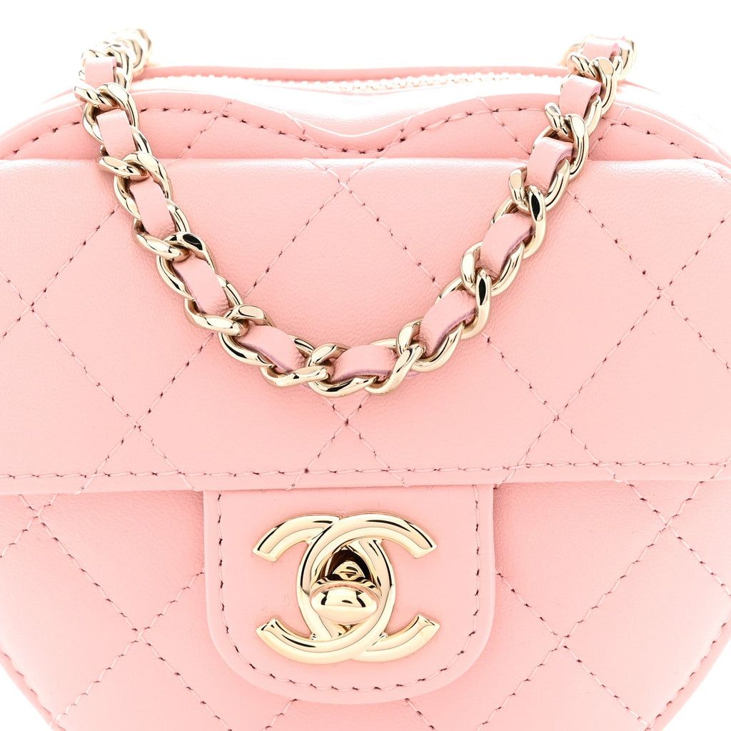 Lambskin Quilted CC In Love Heart Clutch With Chain Light Pink