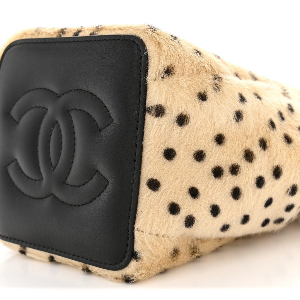 Pony Hair Cheetah Printed CC Chain Bucket Bag Light Beige Black