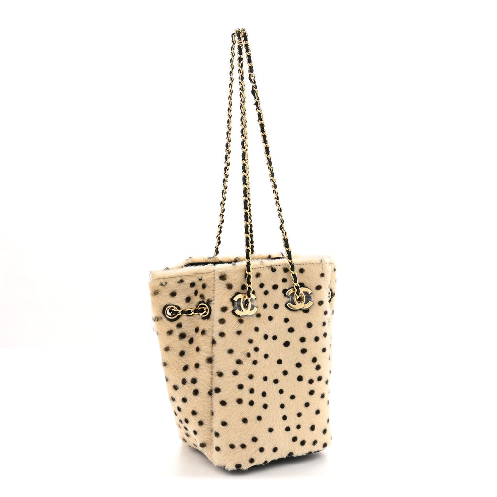 Pony Hair Cheetah Printed CC Chain Bucket Bag Light Beige Black
