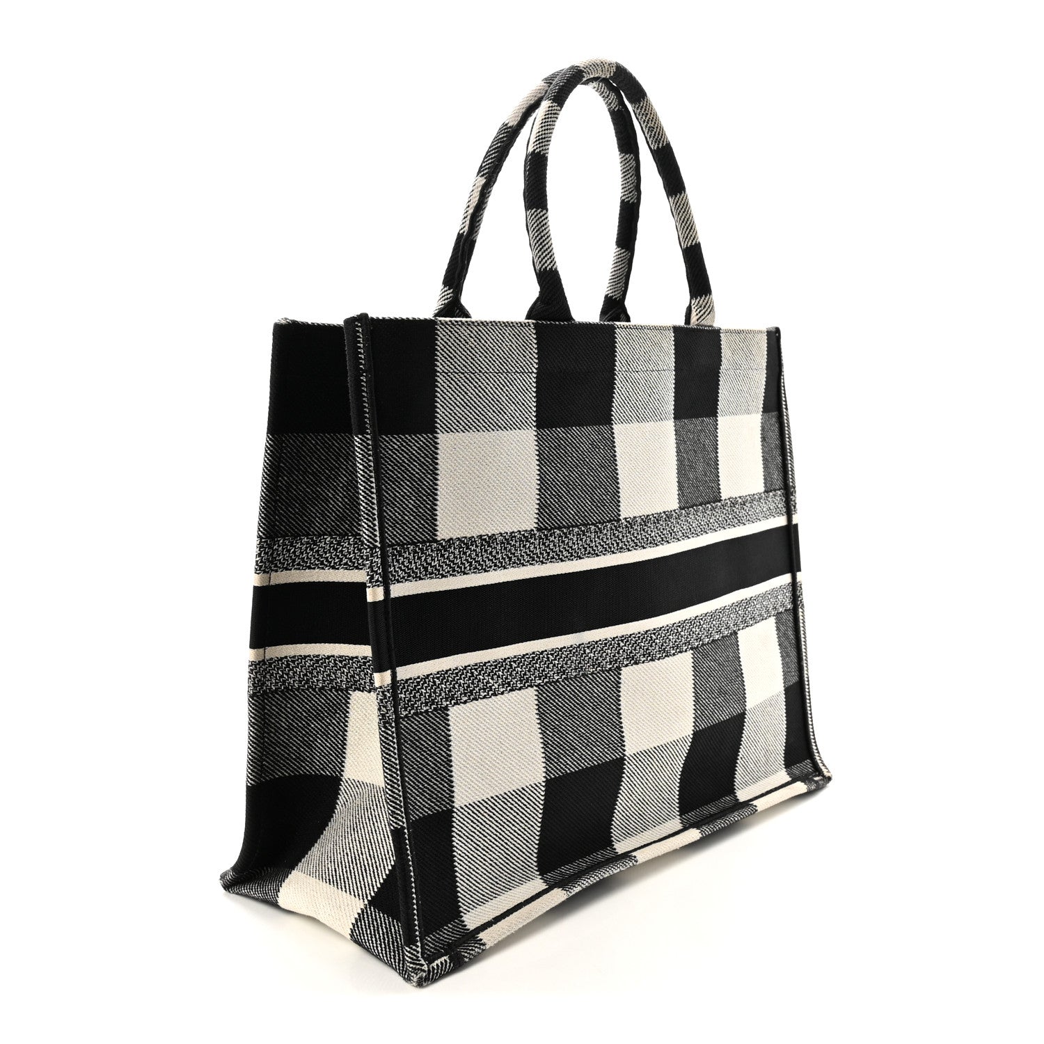 Canvas Embroidered Large Checkered Book Tote Black White