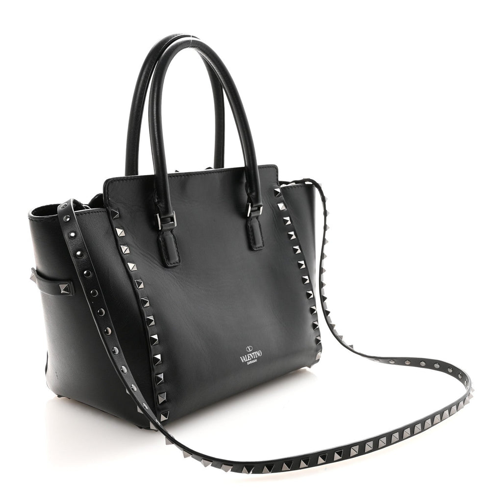 Vitello Small Rockstud Double Handle Tote Black
