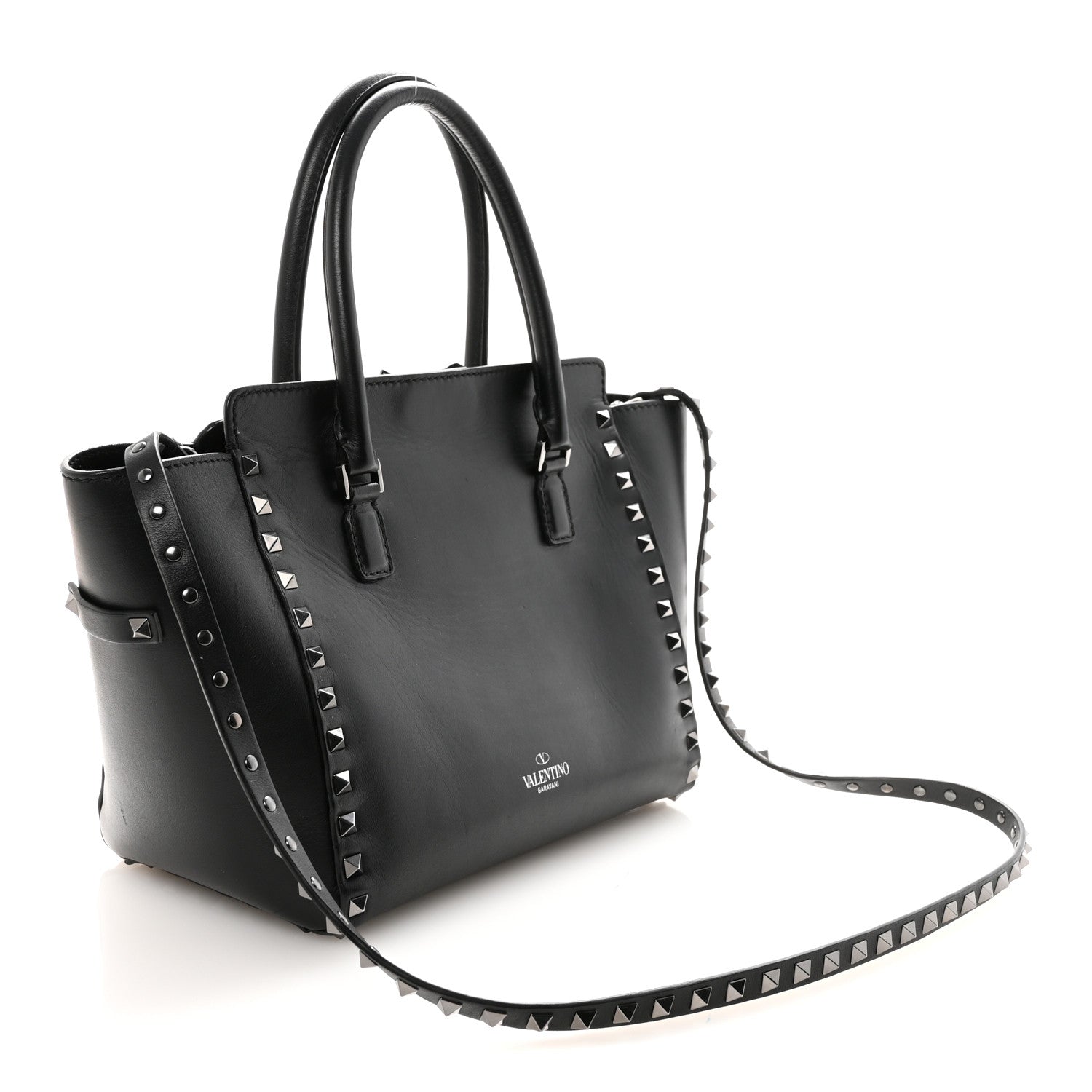 Vitello Small Rockstud Double Handle Tote Black
